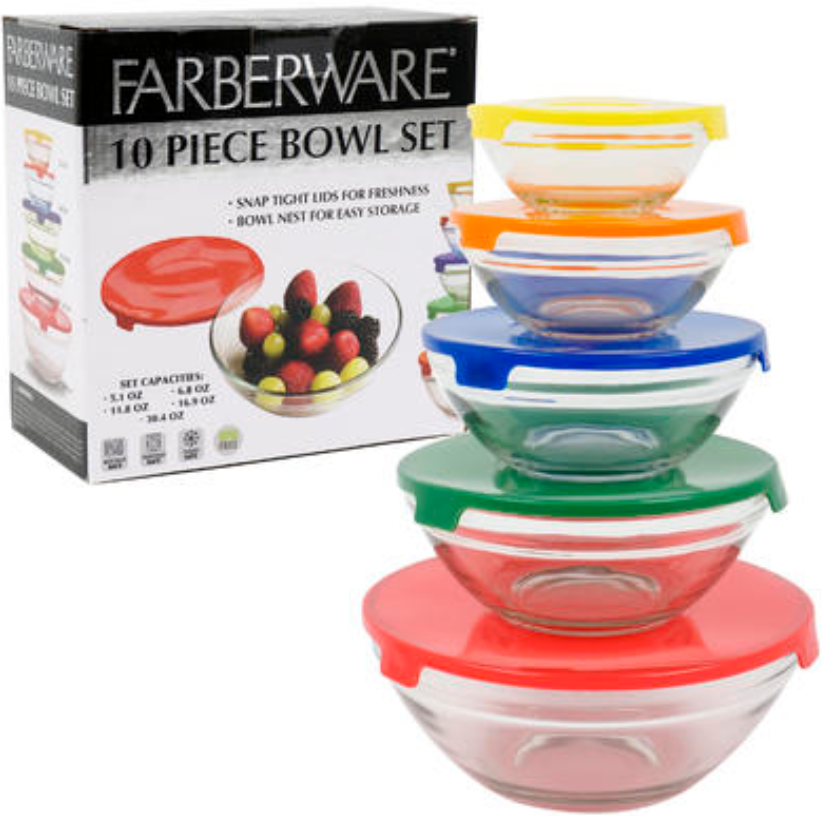 Farberware 10-pc Glass Bowl Set W/plastic Lids Microwave Freezer Dishwasher Safe