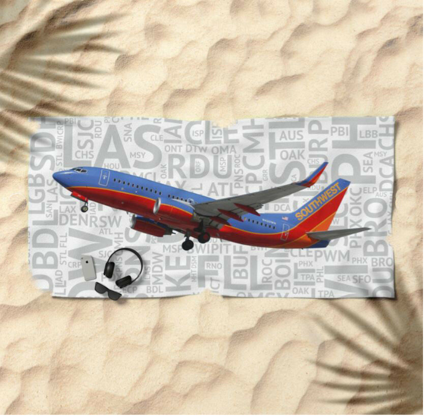 Southwest Airlines Boeing 737 With Airport Codes -  Beach Towel