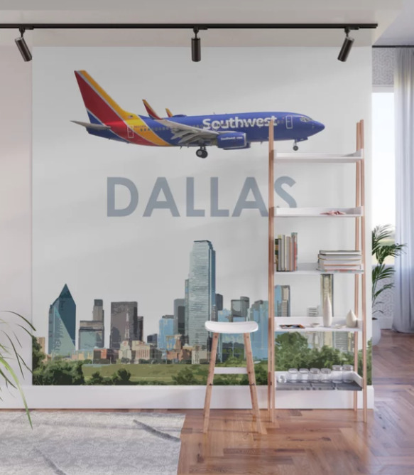 Southwest Airlines Boeing 737 Over Dallas Art - 8' X 8' Wall Mural
